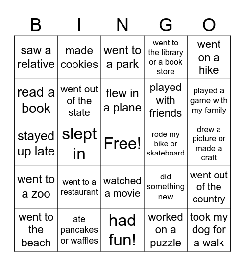Spring Break Bingo Card