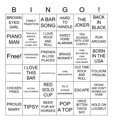 The Best Drinking Songs Bingo Card