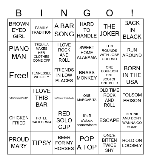 The Best Drinking Songs Bingo Card