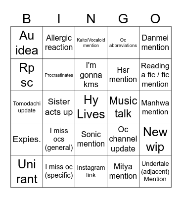 Kaiden Bingo Card