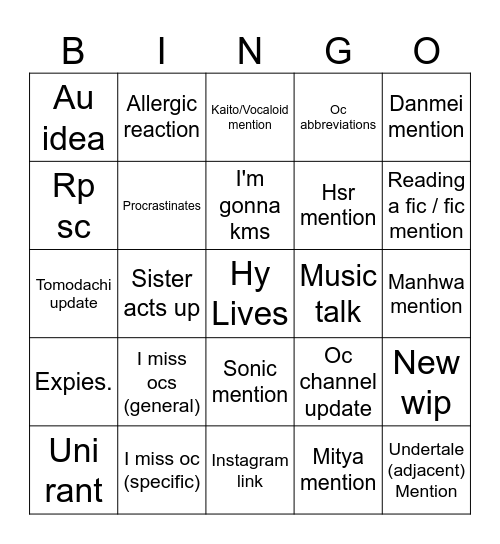 Kaiden Bingo Card