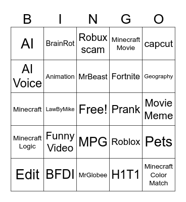 Shorts Bingo Card