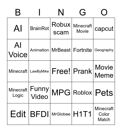 Shorts Bingo Card