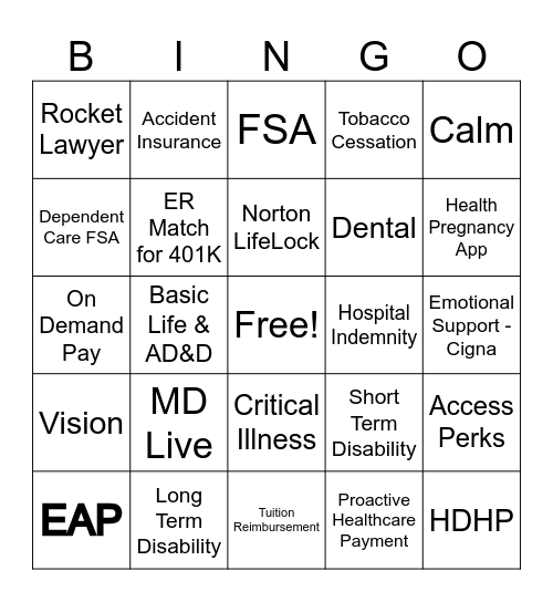 Benefits Bingo Card