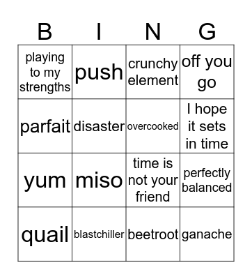 Masterchef Bingo Card