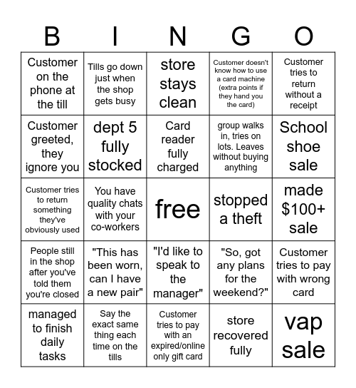 Shoe Retail Bingo Card