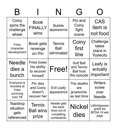 BFDIA 19 Bingo Card