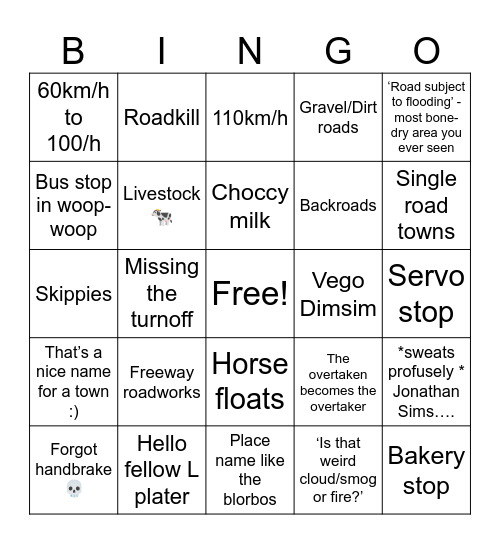 Learner Driver Bingo Card