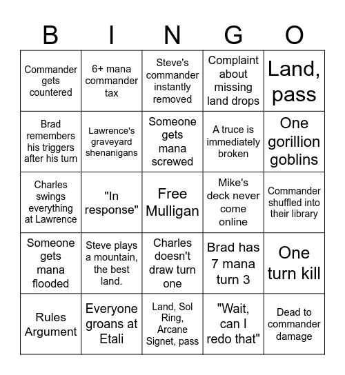 Commander Night Bingo Card