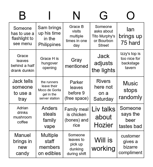 Backdoor BingoSom Bingo Card