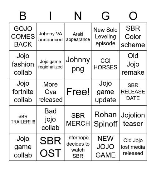Jojo Day Bingo Card