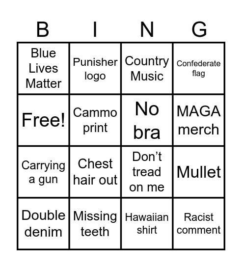 Red Neck Bingo Card