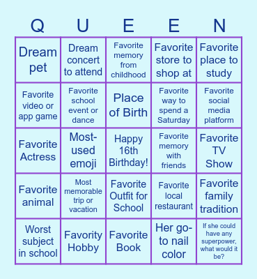 16th Birthday Bingo Card