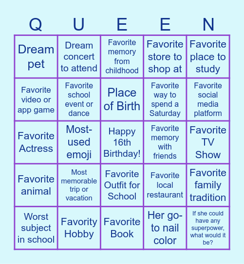 16th Birthday Bingo Card