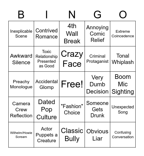 So Bad It's Good Movie Bingo Card