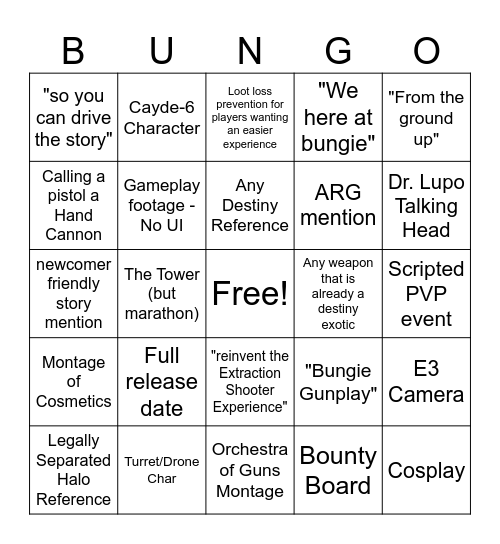 Marathon Reveal Bingo Card