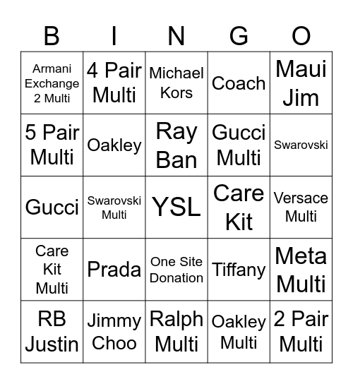 Sunglass Hut Bingo Card