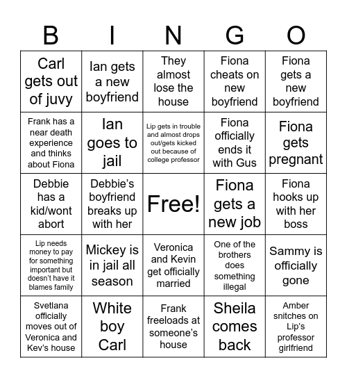 Shameless S6 Bingo Card