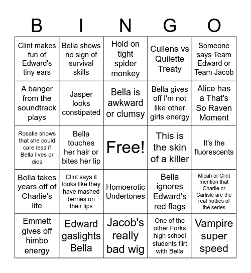 Twilight Bingo Card