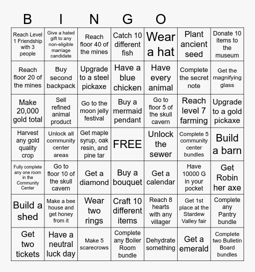 Stardew Valley Challenge Bingo Card