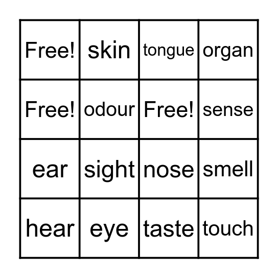 Sense Organ Wordo Bingo Card