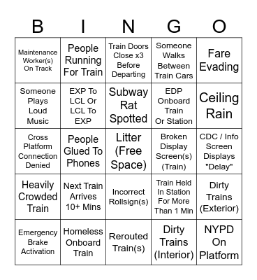 NYC Subway Shenanigans Bingo Card
