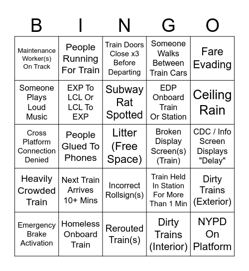 NYC Subway Shenanigans Bingo Card