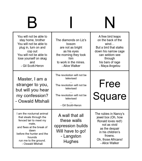 Protest Poetry - Literary Techniques Bingo Card
