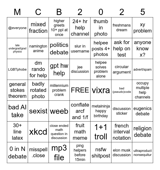 Mathcord Bingo 2025 Bingo Card