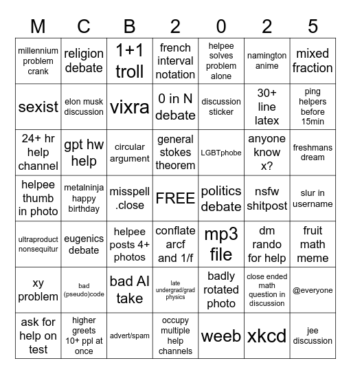 Mathcord Bingo 2025 Bingo Card