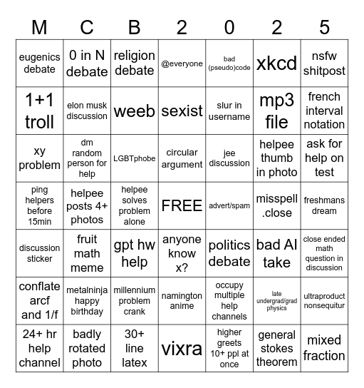 Mathcord Bingo 2025 Bingo Card