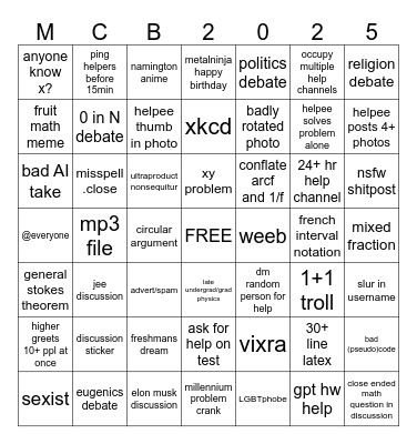 Mathcord Bingo 2025 Bingo Card