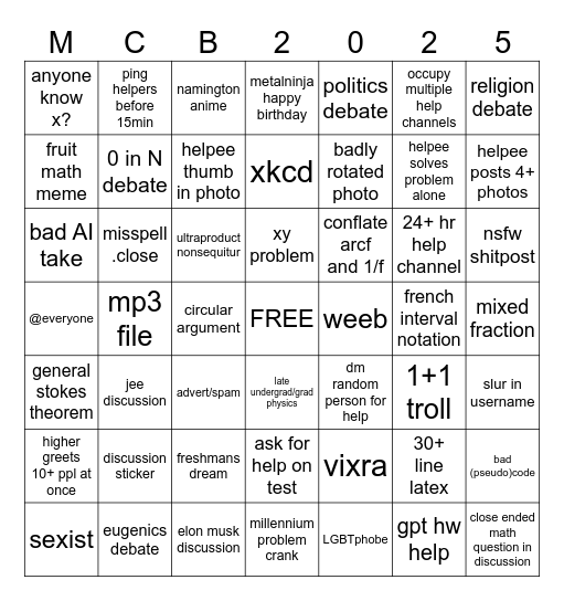 Mathcord Bingo 2025 Bingo Card