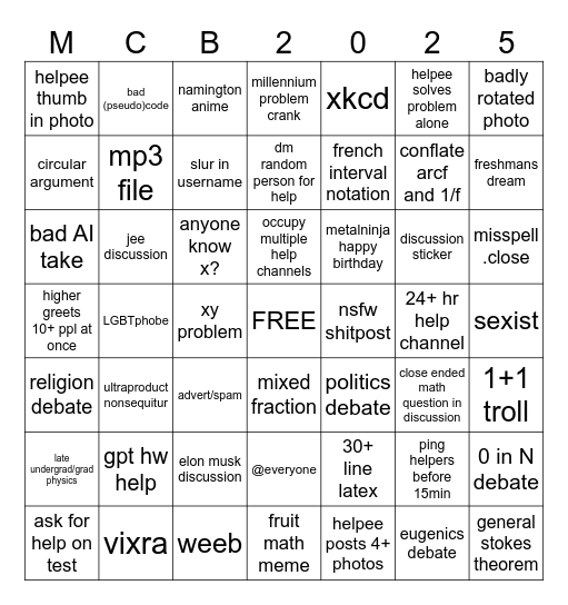 Mathcord Bingo 2025 Bingo Card