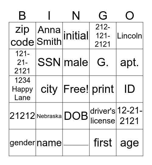 Personal Information Bingo Card