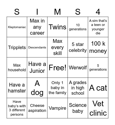 Sims legacy Bingo Card