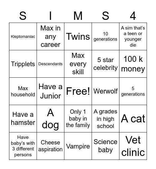 Sims legacy Bingo Card