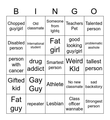 New Classmate Bingo Card