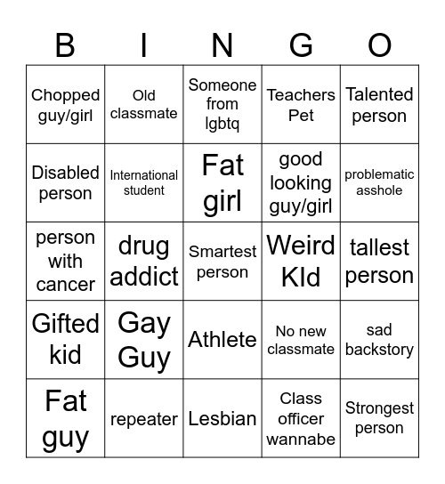 New Classmate Bingo Card