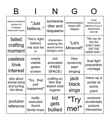 the Minecraft movie bingo Card