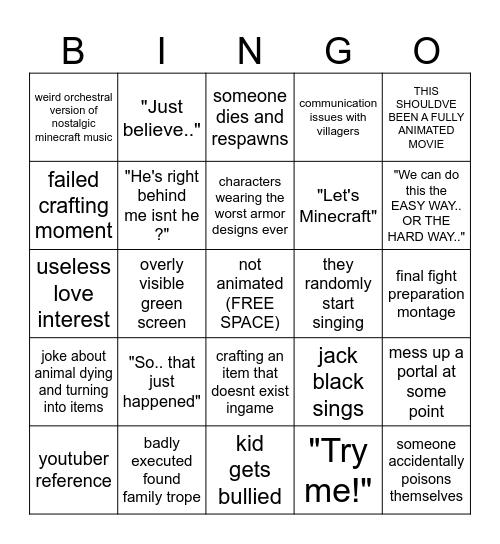 the Minecraft movie bingo Card