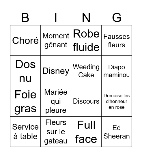 Mariage Mélina Bingo Card