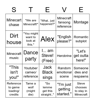 Minecraft Movie Bingo Card