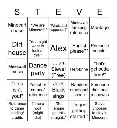 Minecraft Movie Bingo Card