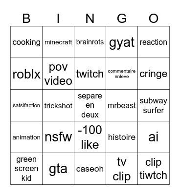 youtubeshort Bingo Card