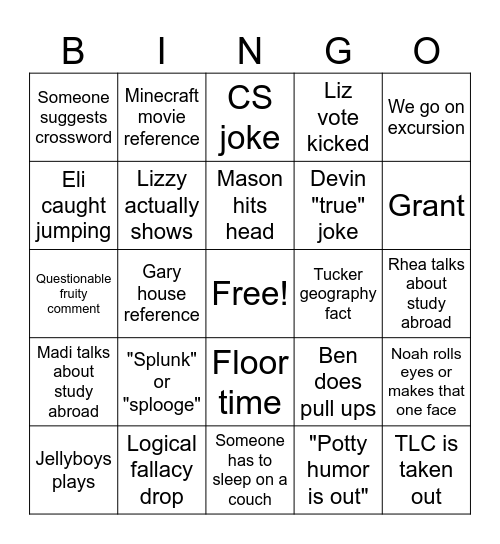 Tuckers Birthday Function Bingo Card