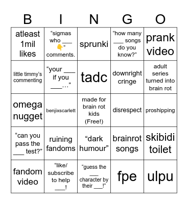 youtube shorts / comments bingo Card