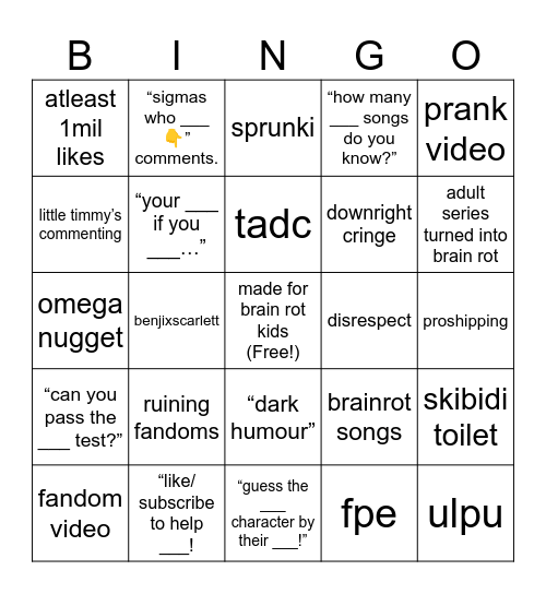 youtube shorts / comments bingo Card