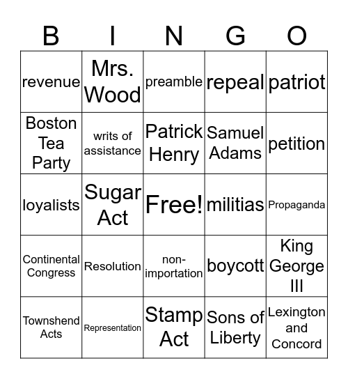 TWood Ch 5 Review Bingo Card