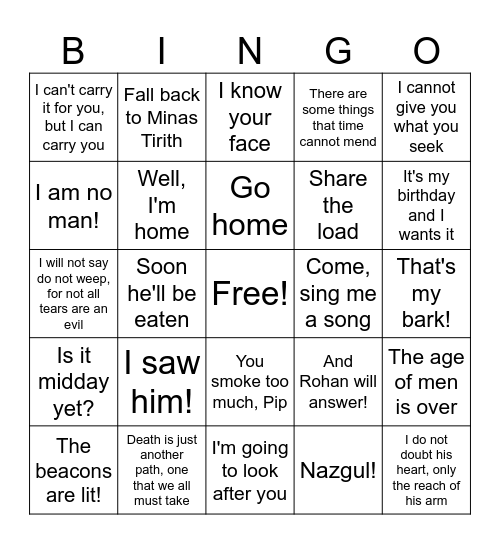 Return of the King Bingo Card